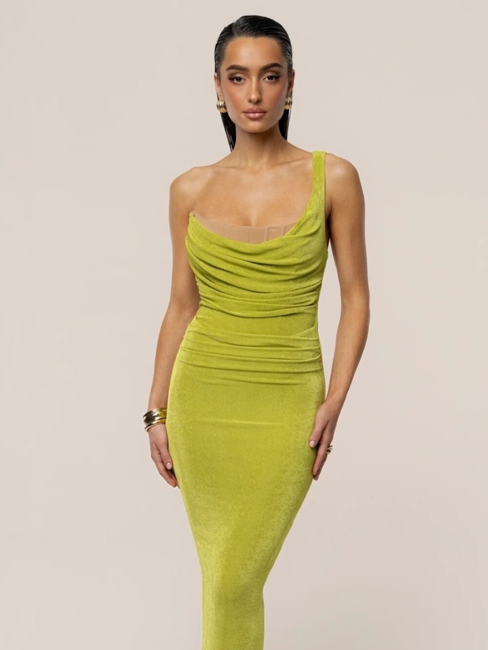 NWT Jluxlabel Krishna Lime Green Slinky Krishna One Shoulder Maxi Dress (XS)